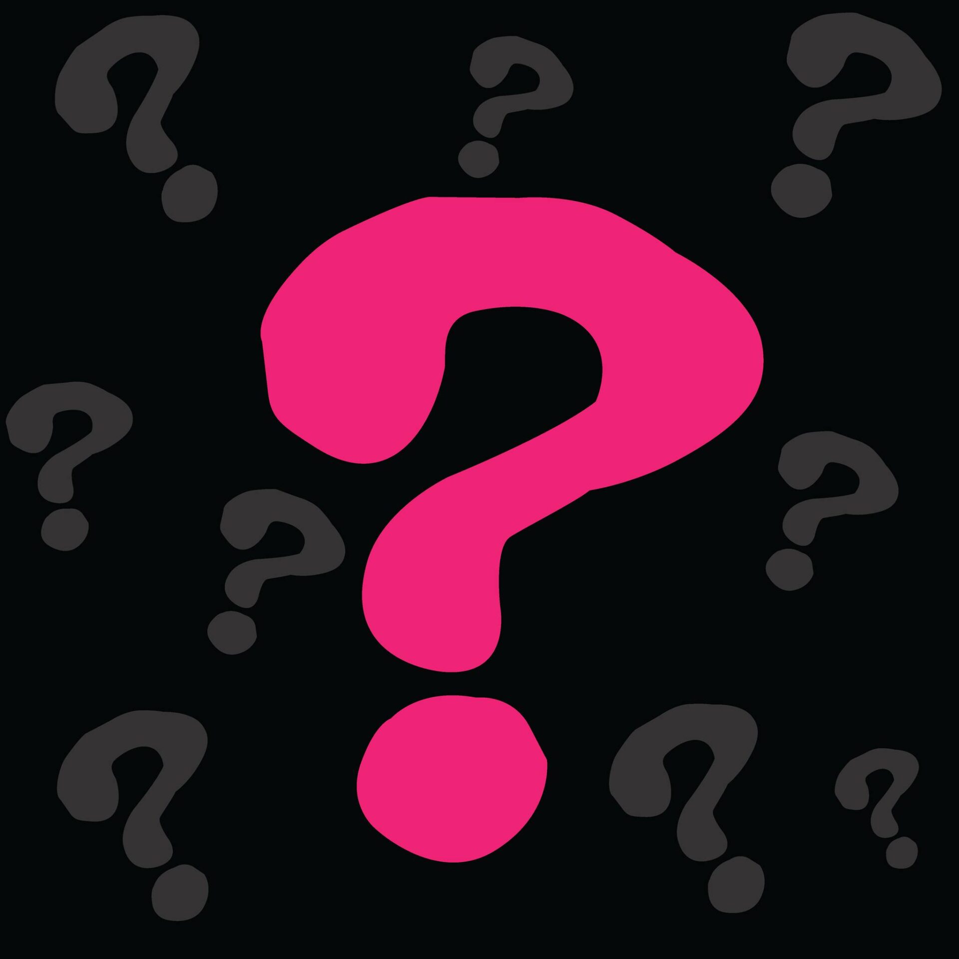 A graphic of question marks – hot pink, light grey on a black background.