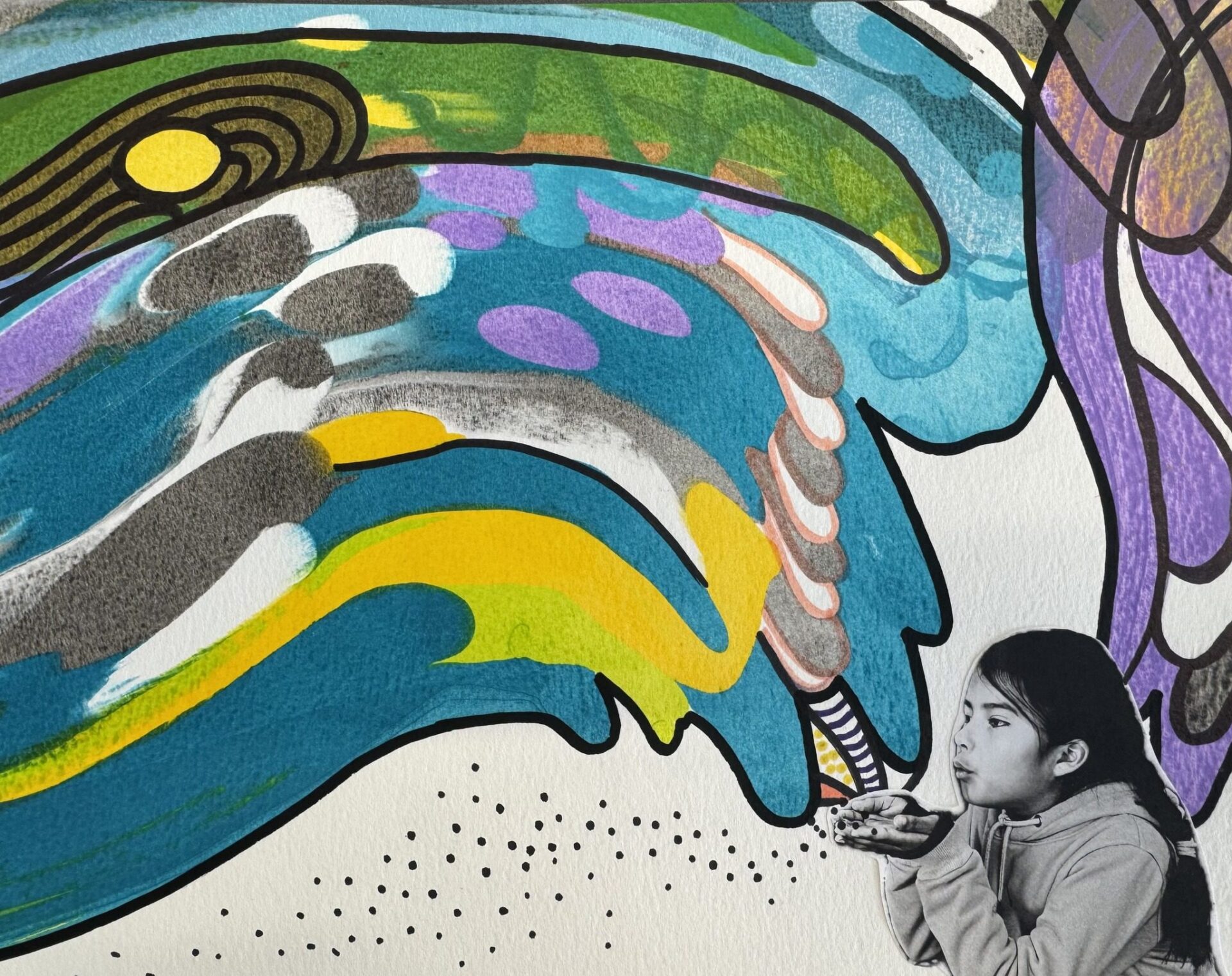 A multi-media mural with a black and white photograph of a young girl with a blue, purple, yellow and green abstract design in the background.