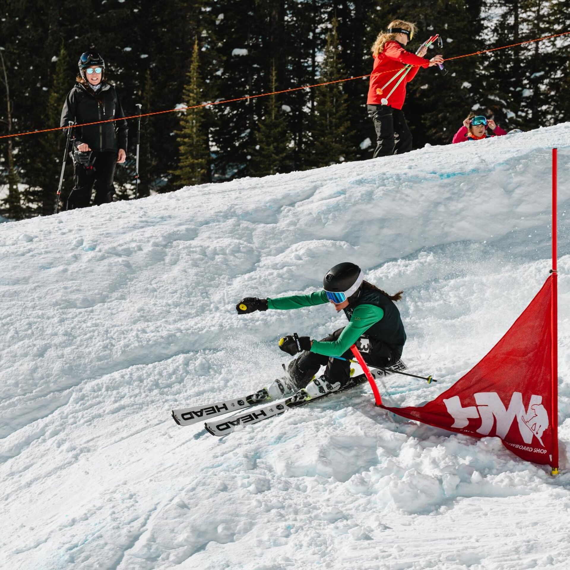 A downhill skier racing.