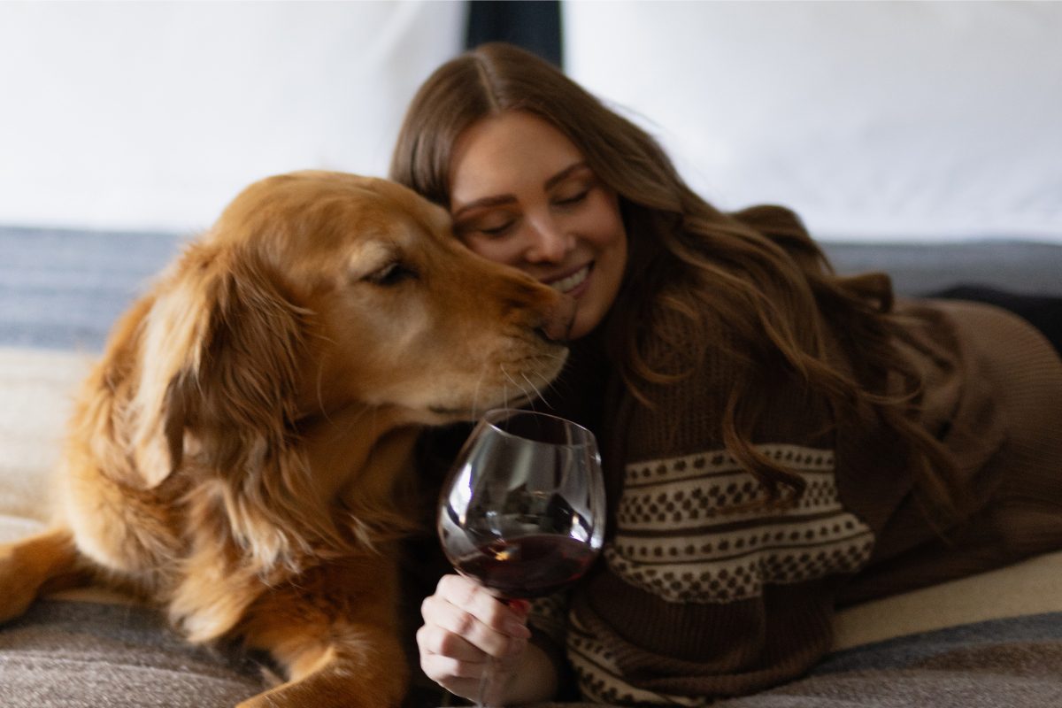 A woman snuggling with her golden retriever, having a glass of red wine in bed.