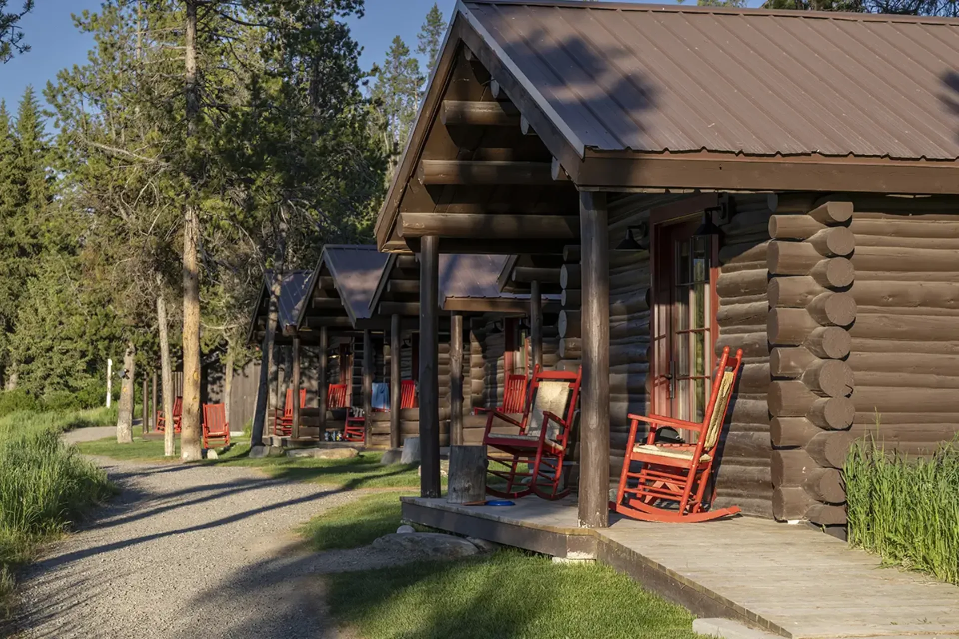 A row of cabins a Turpin Meadow Ranch, in Wyoming, during summer.
