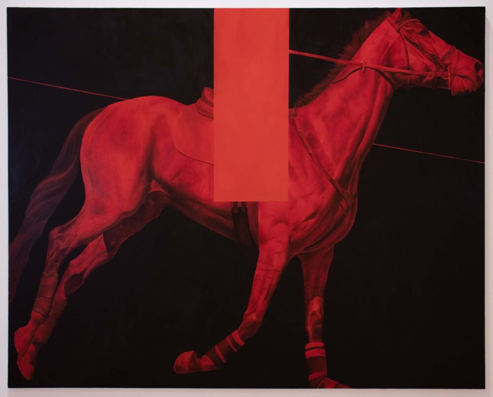 A vibrant red and black painting of a horse by artist Claire HarnEnz.