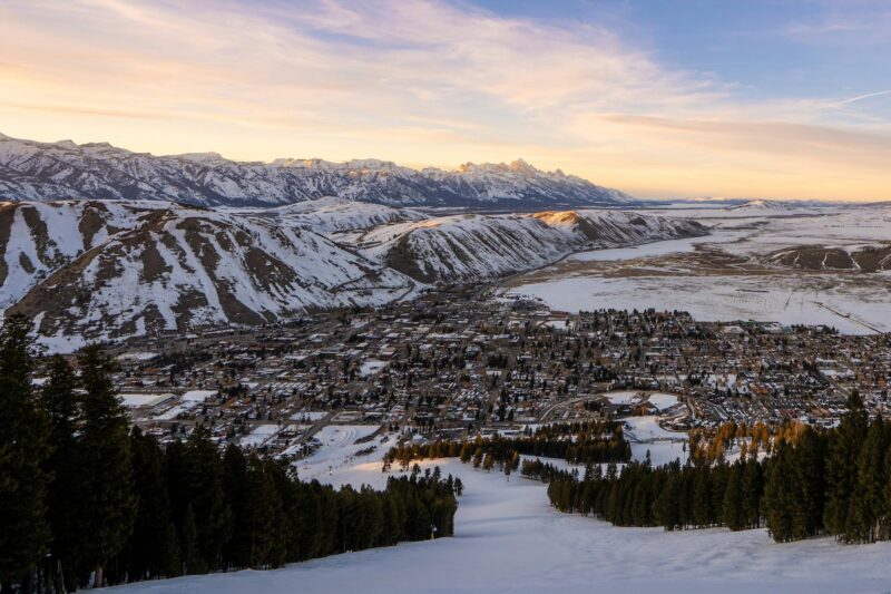 An aerial view of Jackson Hole, Wyoming, at sunset in the winter.