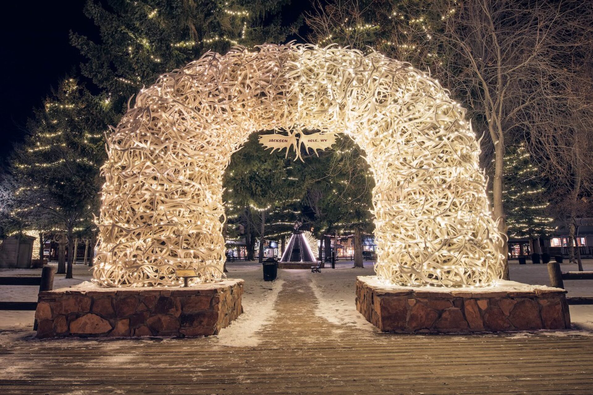 Antler Arch decorated with lights in Jackson, Wyoming, USA.
